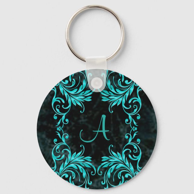 Monogram Aqua Blue Damask Nyckelring (Framsida)