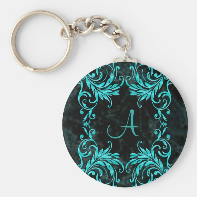 Monogram Aqua Blue Damask Nyckelring (Framsidan)