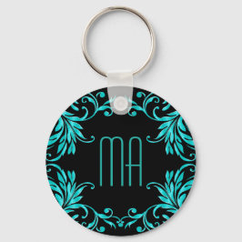 Monogram Aqua Blue Damask Nyckelring