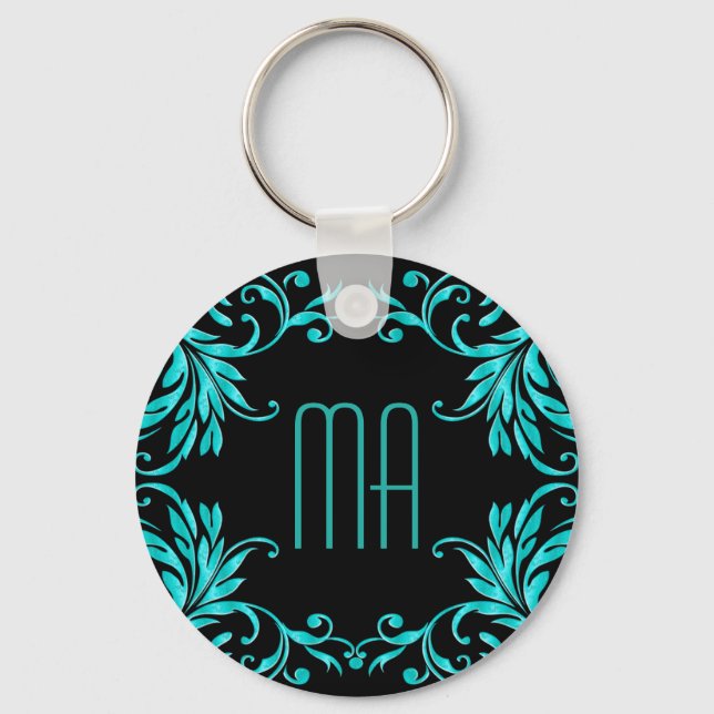Monogram Aqua Blue Damask Nyckelring (Framsida)