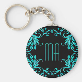 Monogram Aqua Blue Damask Nyckelring