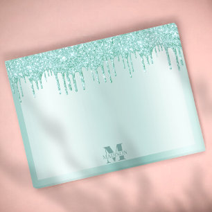 Monogram Aqua Blue Dripping Glitter Metallic Post-it Block