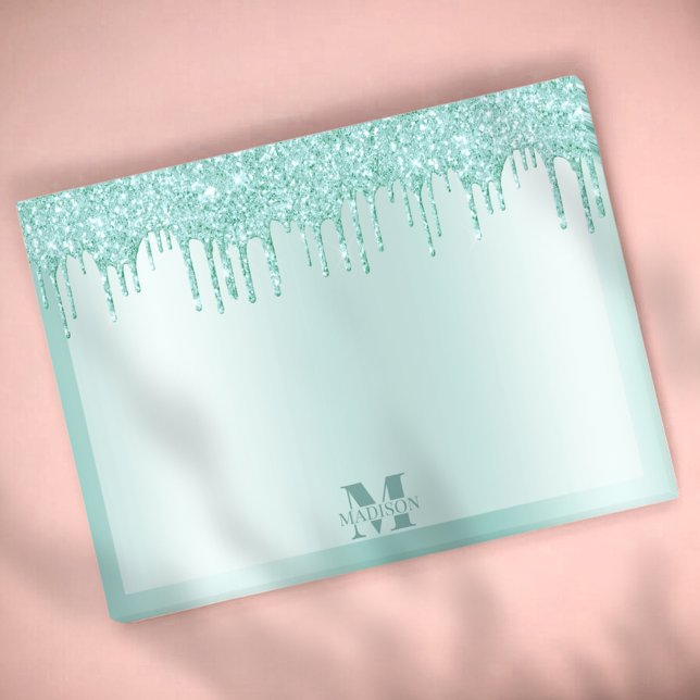 Monogram Aqua Blue Dripping Glitter Metallic Post-it Block (Skapare uppladdad)