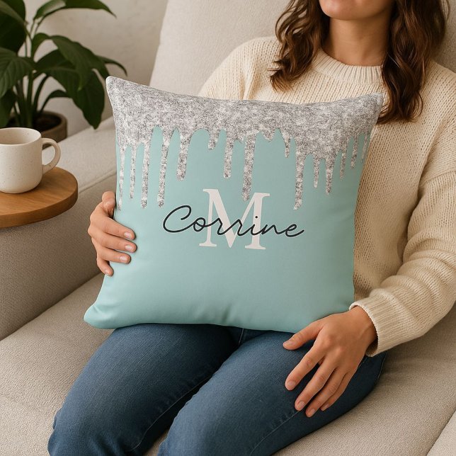 Monogram Aqua Blue Foil + Silver-droppning Glitter Kudde (Skapare uppladdad)