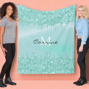 Monogram Aqua Blue - Glitter Metallic Namn Fleecefilt
