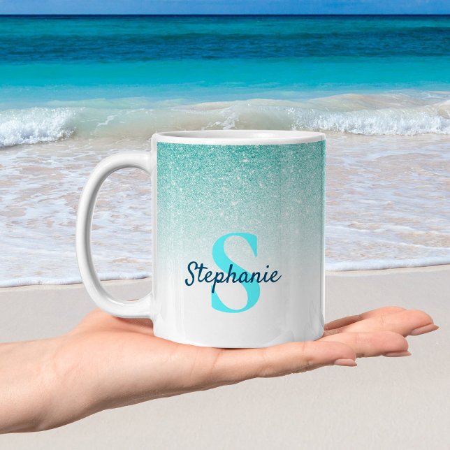 Monogram Aqua Blue Glitter Ombre Glam Kaffemugg (Skapare uppladdad)