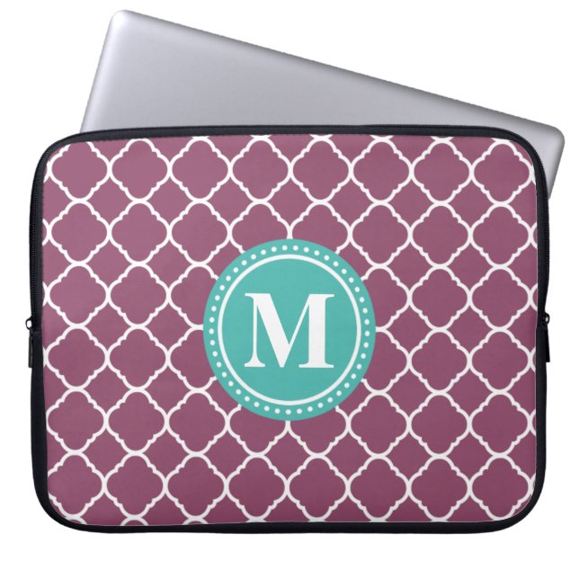 Monogram Aqua Blue Lila Quatrefoil Mönster Laptop Sleeve (Framsidan)