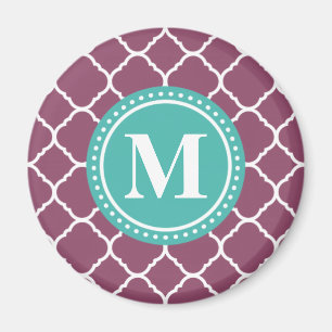 Monogram Aqua Blue Lila Quatrefoil Mönster Magnet