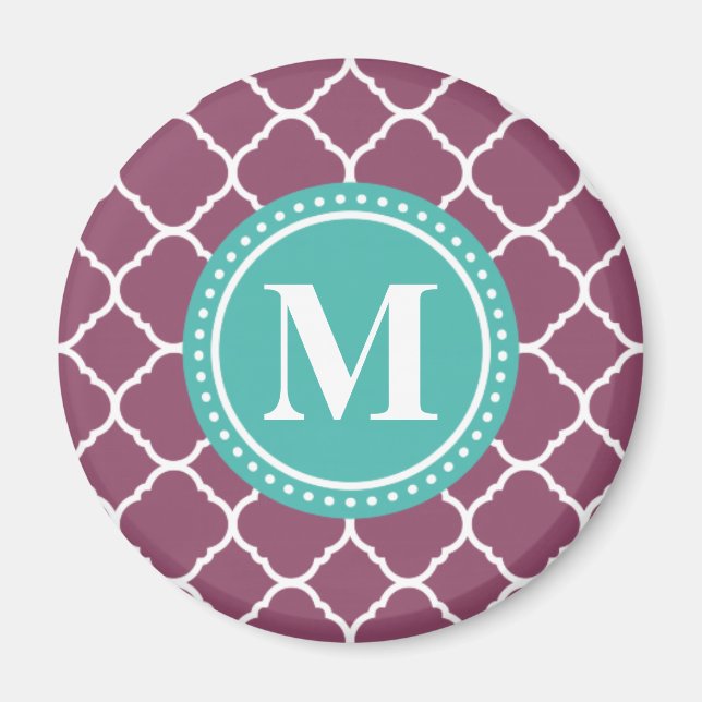 Monogram Aqua Blue Lila Quatrefoil Mönster Magnet (Framsidan)