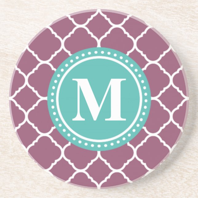 Monogram Aqua Blue Lila Quatrefoil Mönster Underlägg (Framsidan)