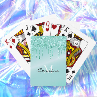 Monogram Aqua Blue Metallic Dripping Glitter Casinokort