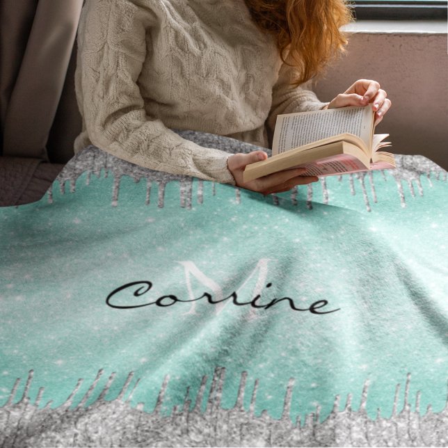 Monogram Aqua Blue Ombre Glitter Silver Icing Drif Fleecefilt (Skapare uppladdad)
