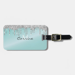 Monogram Aqua Blue + Silver Drickning Glitter Icin Bagagebricka