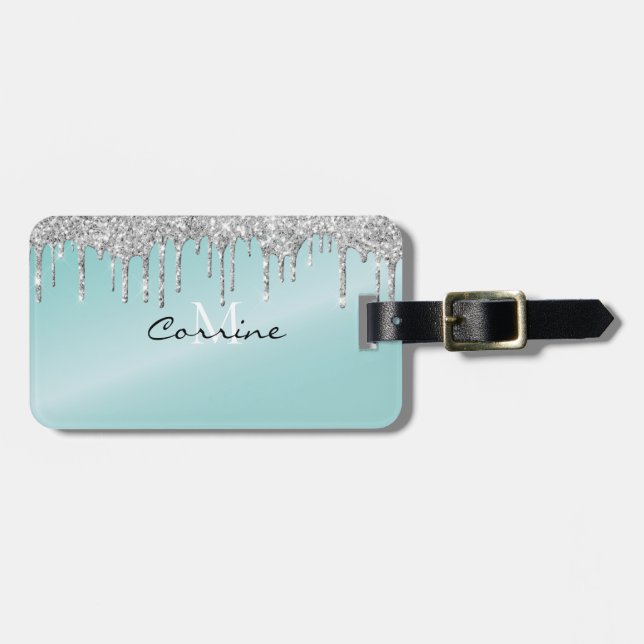 Monogram Aqua Blue + Silver Drickning Glitter Icin Bagagebricka (Horisontell Framsida)