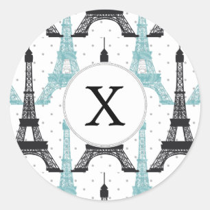 Monogram Aqua Chic Eiffel Torn Mönster Runt Klistermärke