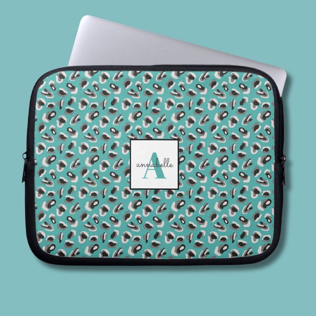 Monogram Aqua Leopard Djurtryck Personlig Laptop Fodral (Turquoise animal print personalied laptop sleeve)