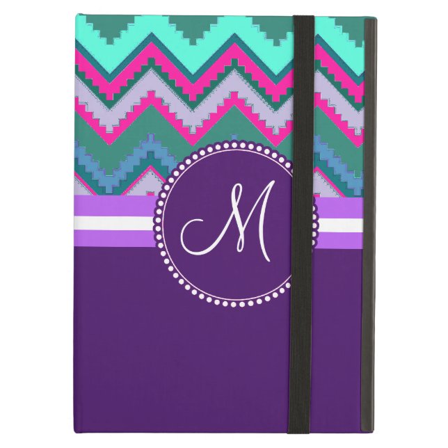 Monogram Aqua Teal Blue Rosa Tribal Chevron Zigzag Fodral För iPad Air (Framsidan Closed)