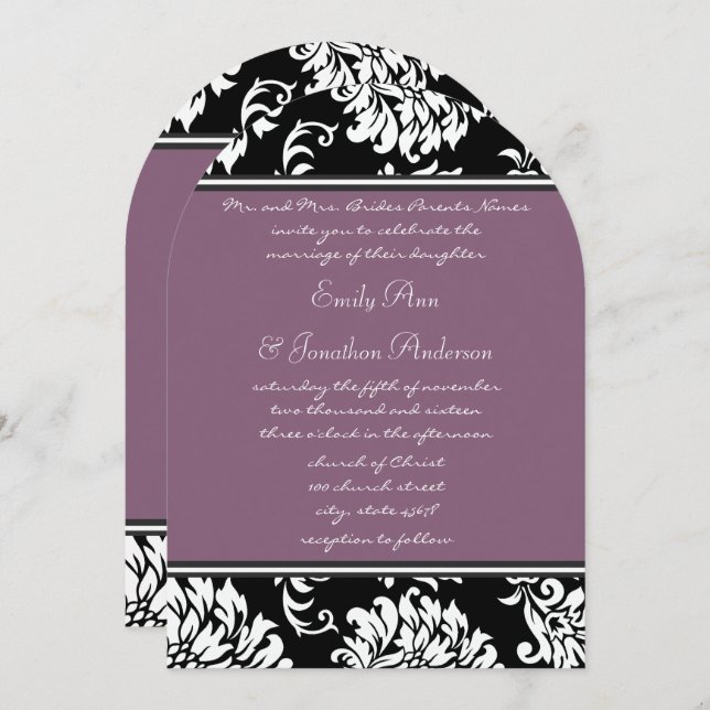 Monogram Arch Shape Lila Vintage Damask Wedding Inbjudningar (Fram/baksida)