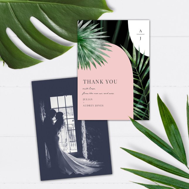 Monogram Arches Tropical Bröllop Photo Tack Kort (Skapare uppladdad)