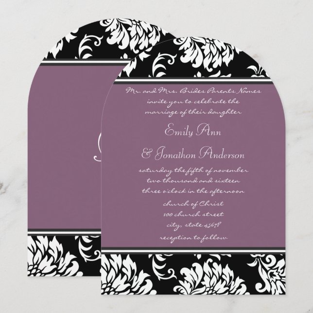 Monogram Ärkeform Lila Vintage Damask Bröllop Inbjudningar (Fram/baksida)