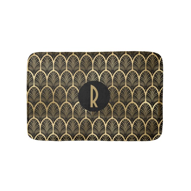 Monogram Art Deco Black och Guld Mönster Badrumsmatta (Framsidan)