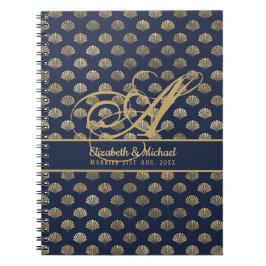 Monogram ART Deco Marinblå Guld Skal Nygifta Anteckningsbok