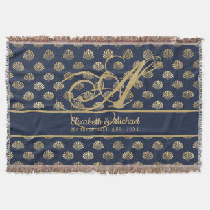 Monogram ART Deco Marinblå Guld Skal Nygifta Filt
