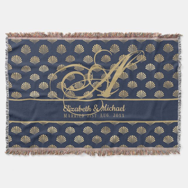 Monogram ART Deco Marinblå Guld Skal Nygifta Filt (Framsidan)