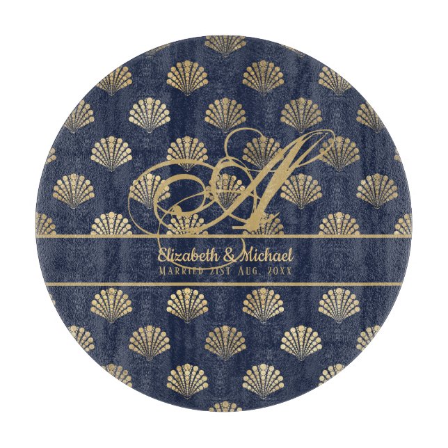 Monogram ART Deco Navy Blue Guld Snäckors Newlywed (Framsidan)