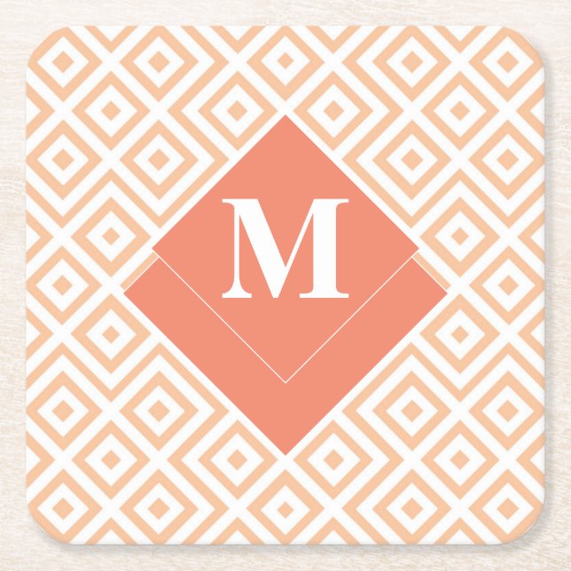 Monogram Art Deco-Orange Geometric Grekiska Mönste Underlägg Papper Kvadrat (Framsidan)