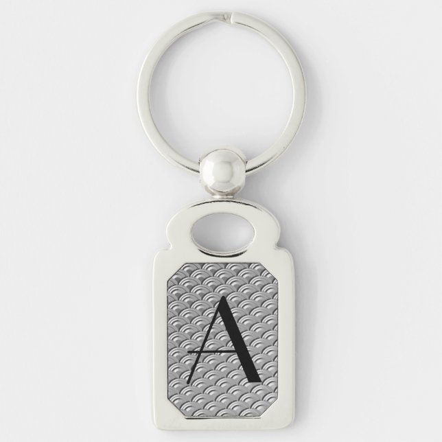 Monogram Art Deco Silver Wave Mönster Rektangulärt Silverfärgad Nyckelring (Framsidan)