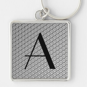 Monogram Art Deco Silvervåg Mönster Fyrkantig Silverfärgad Nyckelring