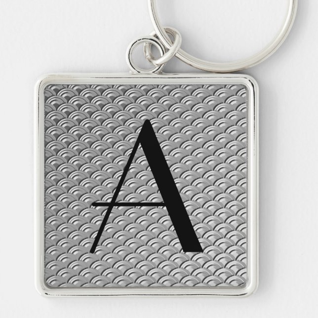 Monogram Art Deco Silvervåg Mönster Fyrkantig Silverfärgad Nyckelring (Framsidan)