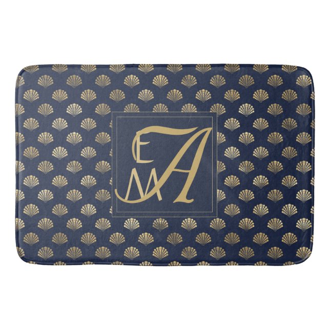 Monogram ART DECO-Snäckor Navy Blue Guld Newlyweds Badrumsmatta (Framsidan)