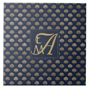 Monogram ART DECO-Snäckor Navy Blue Guld Newlyweds Kakelplatta