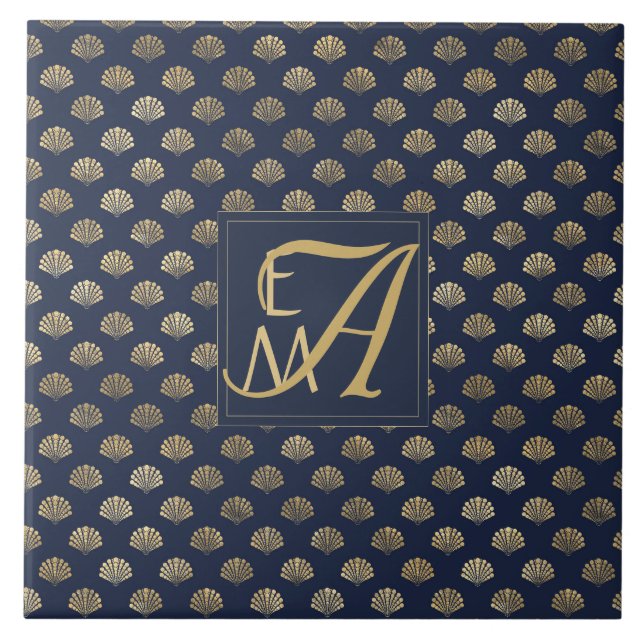 Monogram ART DECO-Snäckor Navy Blue Guld Newlyweds Kakelplatta (Framsidan)