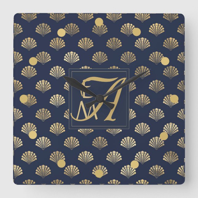 Monogram ART DECO-Snäckor Nyfödda Guld Fyrkantig Klocka (Framsida)