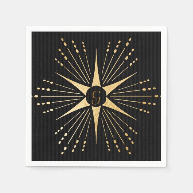 Monogram Art Deco Star Black och Guld Pappersservett (Framsidan)