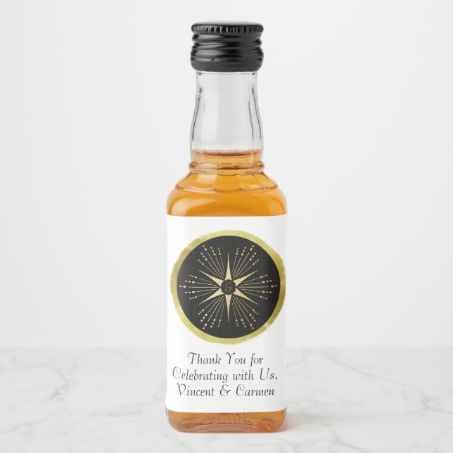 Monogram Art Deco Star Black och Guld Spritflaskor Etikett (Framsida)