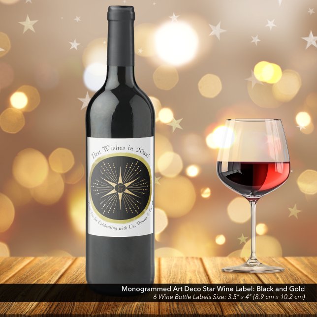 Monogram Art Deco Star Black och Guld Vinflaska Etikett (Monogrammed Art Deco Star Wine Bottle Label: Black and Gold )