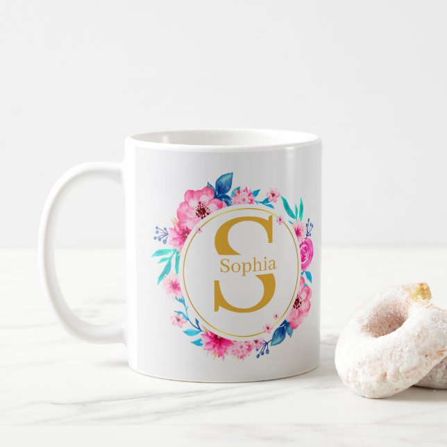 Monogram Art I Förgylld initial och akvarellros Kaffemugg (Med munk)