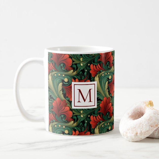 Monogram Art Noveau-Grönten Red Mönster Kaffemugg (Med munk)