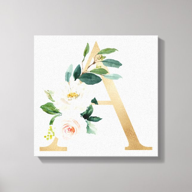 Monogram Art Print, Blommigt Brev A, Bröllop Gift Canvastryck (Framsida)