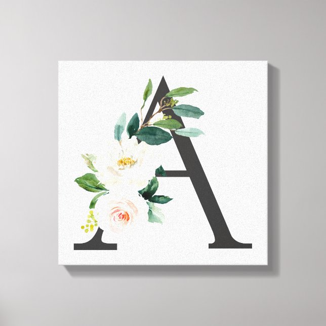 Monogram Art Print, Blommigt Brev A, Bröllop Gift Canvastryck (Framsida)