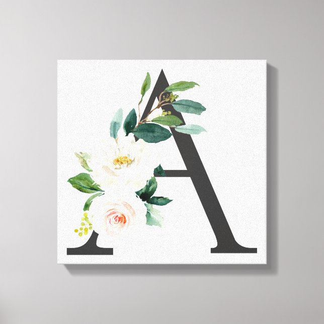 Monogram Art Print, Blommigt Brev A, Bröllop Gift Canvastryck (Framsida)