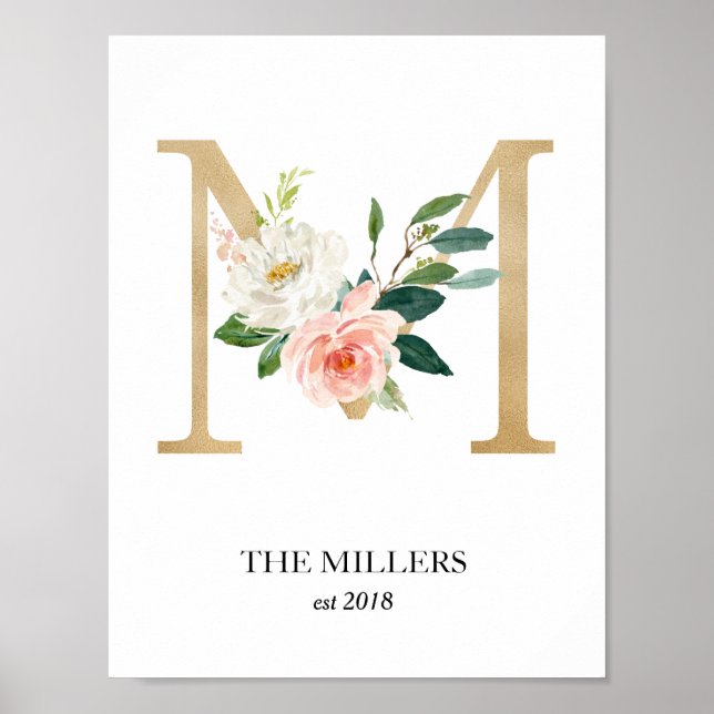 Monogram Art Print, Brev M, Bröllop, Nursery Poster (Framsidan)