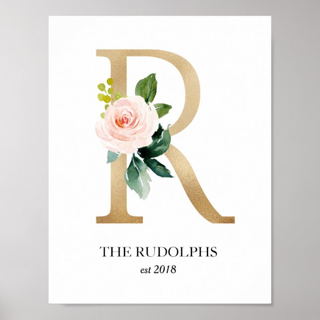 Monogram Art Print, Brev R, Bröllop, Nursery Poster (Framsidan)