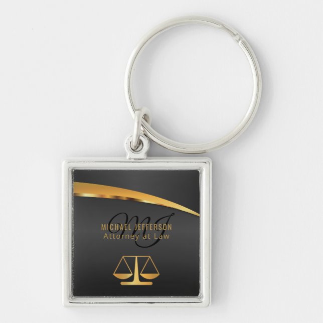 Monogram Attorney at Law - Black and Guld Fyrkantig Silverfärgad Nyckelring (Framsidan)