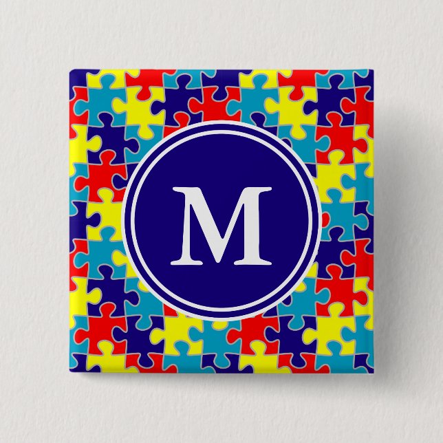 Monogram Autism Awareness Aspergers Puzzle Mönster Knapp (Framsida)