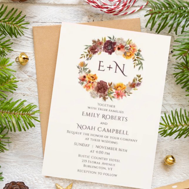 Monogram Autumn Rustic Plum Orange Blommigt Bröllo Inbjudningar (Skapare uppladdad)